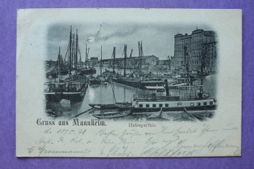 Ansichtskarte AK Mannheim 1898 Hafenpartie Mondscheinkarte Schiffe